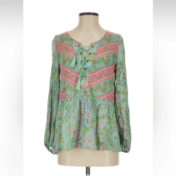NWT Spell City Lights Green and Pink Paisley Lace-Up Blouse - Picture 1 of 8